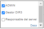 Filtre e-fact amb les opcions Admin, Gestor DIR3 i Responsable del servei